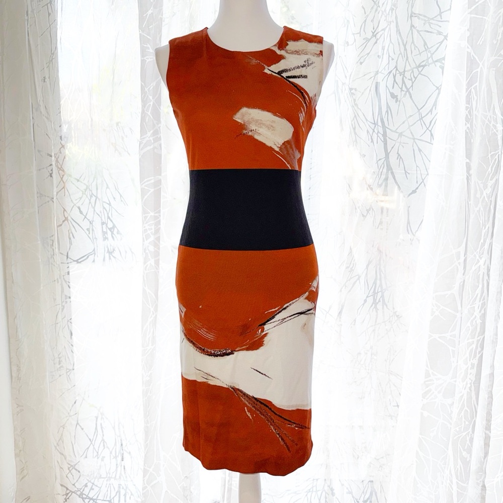 MAXMARA BROWN BLACK WHITE PRINT SLEEVELESS ROUND NECK SLIM FIT SHIFT MIDI DRESS - Picture 1 of 9